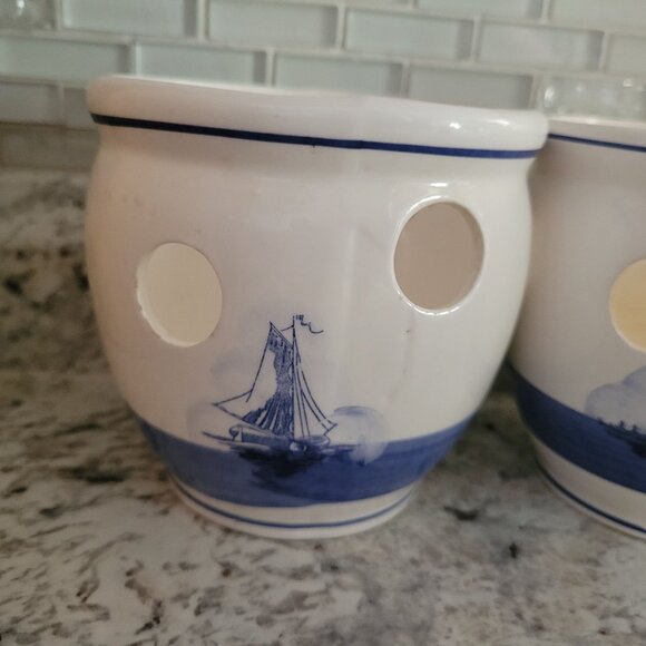 Set Of 2 Ceramic Dutch Delft Windmill Candle Holders Cutouts Blue & White - Picture 7 of 13